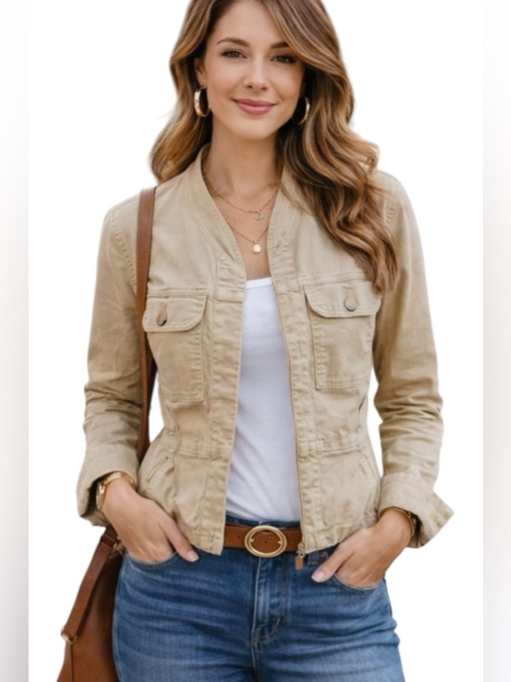 CAbi Fitted Military Jacket Button Closure Khaki Cotton Spandex size small